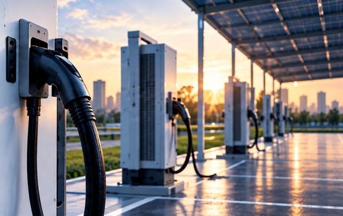 Electric vehicle chargers beneath a solar-panel canopy